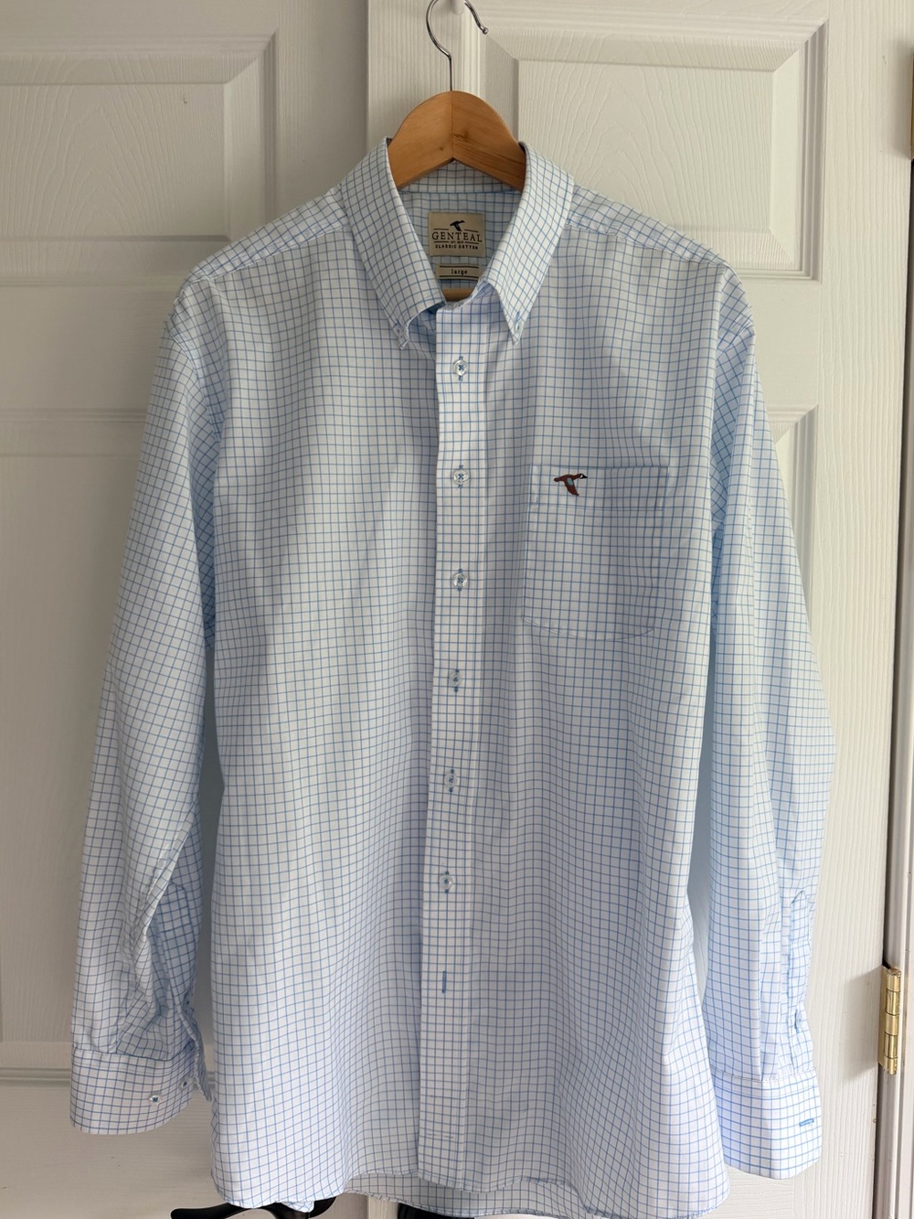 Genteal Mens Large Blue Windowpane Check Button Down Shirt 100% Cotton Duck Logo